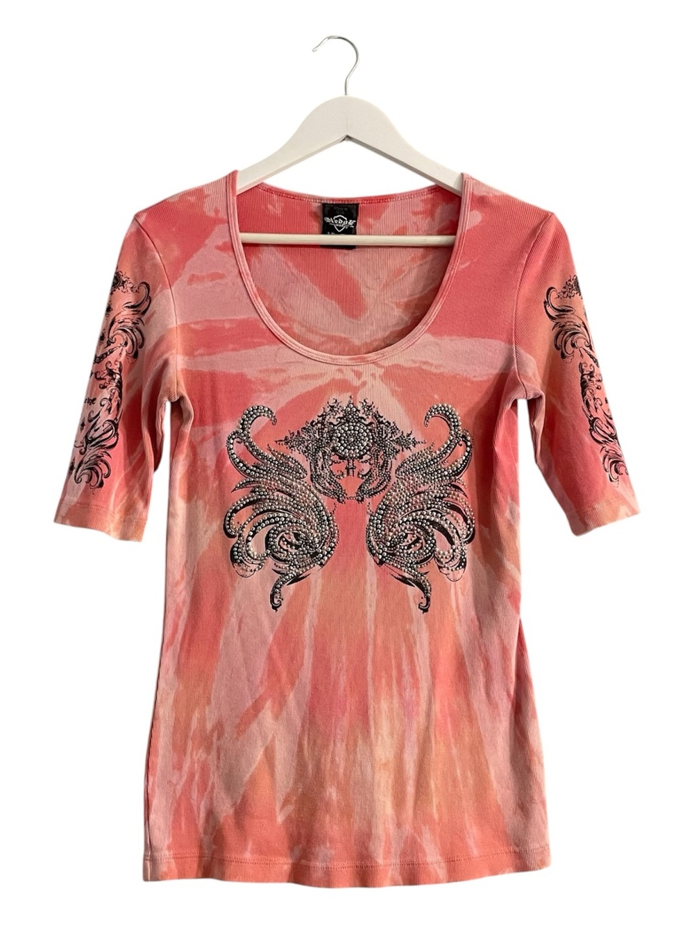 Y2K grunge Coral Pink sledge top Scoop Neck Tee with Ornate Rhinestone Motif
